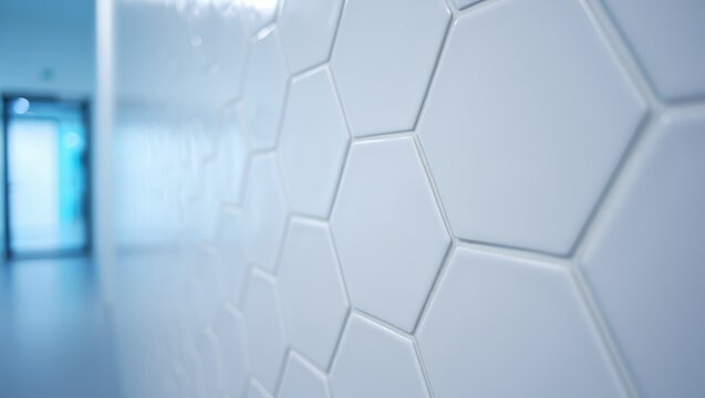 Modern Hexagonal Tiled Hallway with Soft Blue Lighting