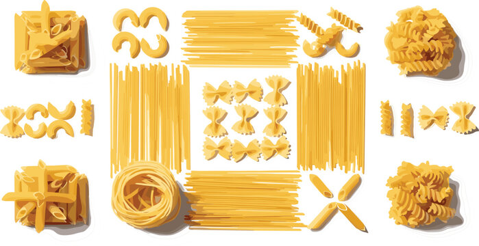Variety of Raw Pasta Types Collection arranged in Flat Lay Style with Spaghetti, Farfalle, Fusilli, and Penne for Food, Cooking, and Italian Cuisine DesignsVariety of 