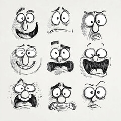 Obraz premium Cartoon faces with exaggerated features demonstrate a wide range of human emotions and reactions.