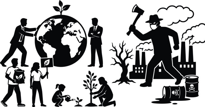 Black and white vector art activists planting trees and protecting earth against polluting factory attacker