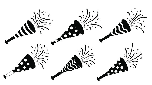 Festive set of six different black party poppers with various patterns and colorful exploding confetti on white.