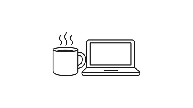 Minimalist black line vector icon of a steaming coffee mug next to a laptop computer, ideal for remote work, office break, or freelance concepts, featuring a customizable editable stroke.