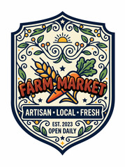 Obraz premium Retro shield emblem illustration for a farm market, with fresh produce, wheat, sun, and 'Artisan Local Fresh' text.
