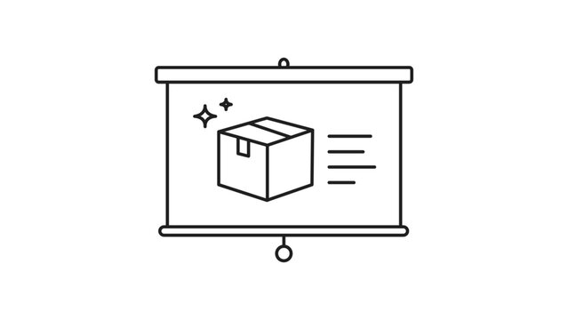 Product Demo Presentation Screen with Cardboard Box and Stars, Minimalist Black Line Vector Icon on White Background, Editable Stroke Illustration for Business Marketing and Logistics.