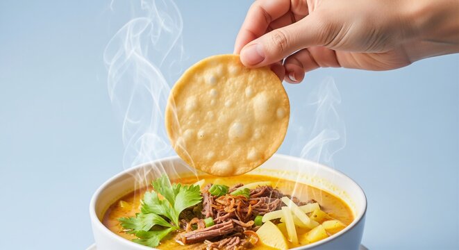 Hand holding a melinjo cracker (emping) over a creamy beef soto soup, plain sky blue background.