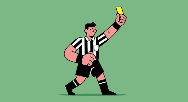 Football Soccer Referee Running and Showing Yellow Card on Green Background