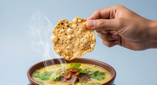 Hand holding a melinjo cracker (emping) over a creamy beef soto soup, plain sky blue background.
