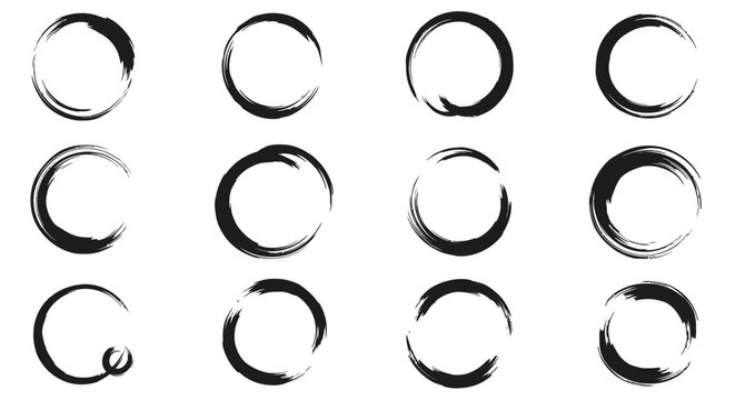 Set of black hand-drawn circular brush strokes, artistic texture elements on an isolated white background.