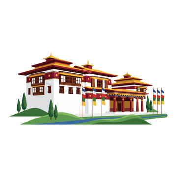 Traditional flat vector illustration of the Tashichho Dzong in Thimphu Bhutan featuring the majestic fortress architecture and prayer flags with clean 2D lines on a minimalist white background layout.