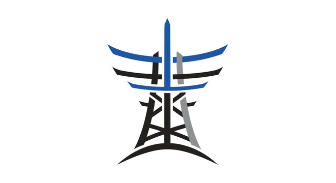 Abstract Stylized Electricity Pylon Logo Icon in Blue and Black on Isolated White Background