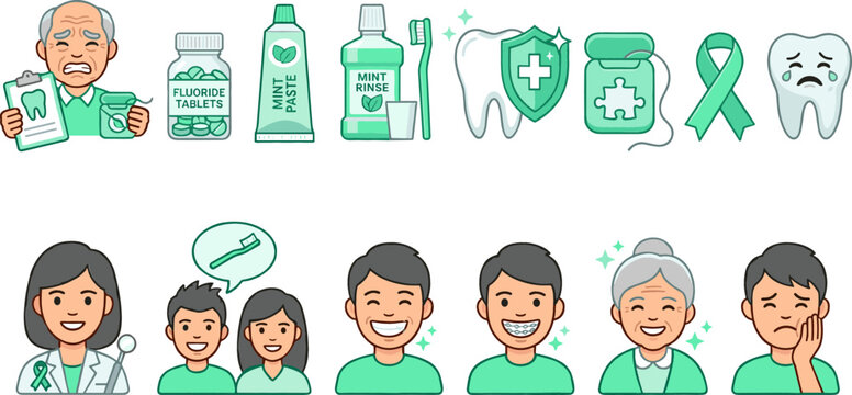 Dental Care Products and Smiling Faces Icons with Fluoride, Mint Paste, and Oral Health Awareness