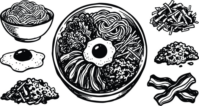 Black and white line art bibimbap bowl with egg noodles bacon and side piles