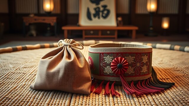 dohyo. Salt pouch and decorative belt on a sumo ring, traditional Japanese elements, ceremonial arrangement. event key visuals.