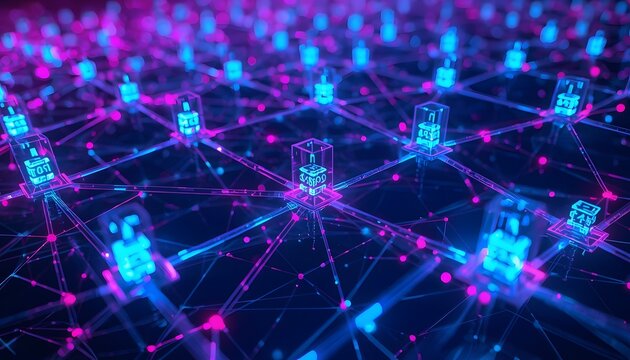 A futuristic network of interconnected nodes and data blocks in blue and pink hues