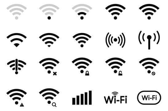 Collection of various wifi icons and symbols in black on a white background