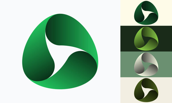 Three-lobed twisted ribbon shape with glossy gradient shading in five green and silver variations on light and dark backgrounds, 3D vector logo icon set.