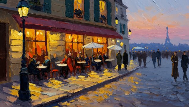 Parisian Cafe Scene at Dusk with Eiffel Tower