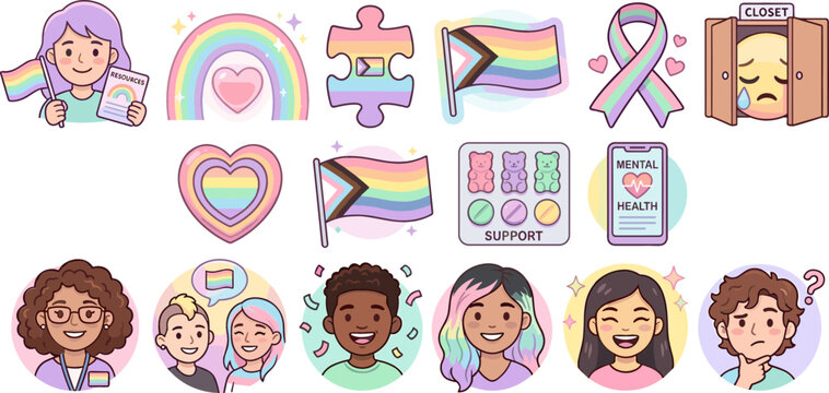 LGBTQ+ and Mental Health Support Icon Set with Rainbow Flags, Pride Symbols, and Empowering Messages for Inclusion and Well-Being Designs