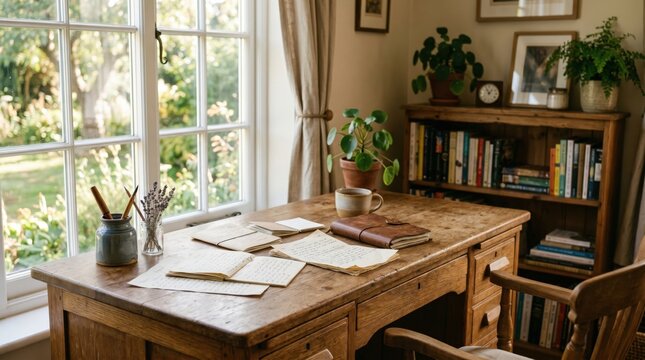 Vintage wooden desk scattered with papers, open leather notebook, pencils and lavender in cozy sunlit study room. Relaxed productivity environment in rustic interior.