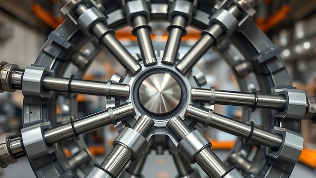 kinematics. A series of metal connecting rods forming a geometric rotating structure. safety posters, maintenance manuals, designed for industrial assembly lines and welding operations.