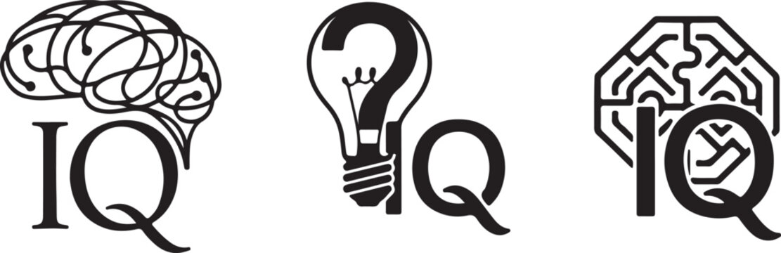 Conceptual vector graphics portraying intelligence, cognitive ability, and problem-solving, featuring brain, lightbulb, and circuit board symbols with 'IQ'