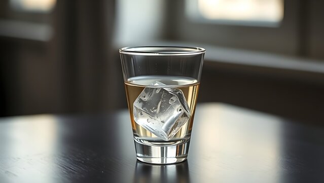 schnapps. A single cone-shaped glass with clear liquid and a melting ice cube on a dark surface. bar promotions, beverage menus, designed for food & beverage menus and cafe branding.