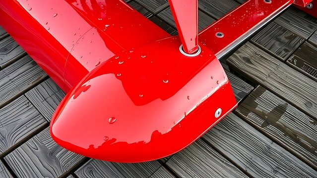 floatplane. Close-up of a red floatplane's aluminum pontoon with water droplets. mobility guides, transit brochures, designed for transport & logistics marketing, used by graphic designers.