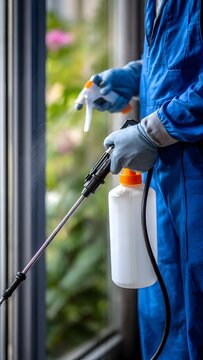 Close‑up of a person in blue work clothes disinfecting a window with a white manual pump sprayer with orange top, black hose, soft indoor light, clean interior, high resolution, photorealistic