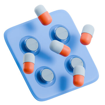 3D rendered blue blister pack with orange and white capsules.