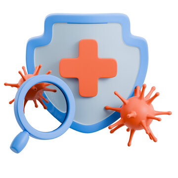 Medical shield with cross magnifying glass and virus cells.