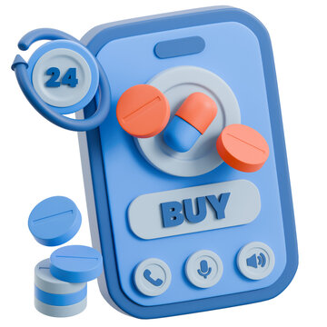 Online Pharmacy Mobile App with Pills and 24-7 Service Icon.