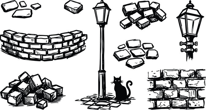 Black and white line art cobblestone piles lamp post and sitting cat vector set