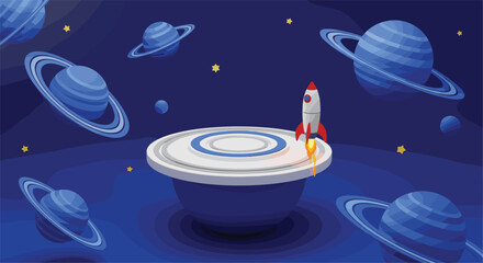Rocket launch from futuristic platform in outer space with planets stars galaxy background sci fi vector illustration scene © Boloram