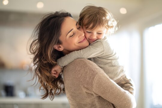 Joyful mom playing with baby at home
