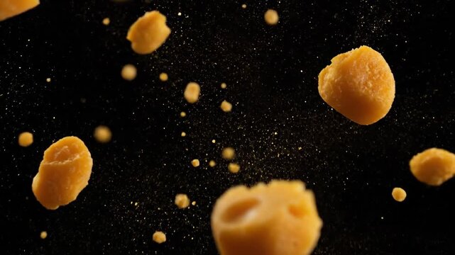 Close-up of Falling Cheddar Cheese Cubes in Midair.