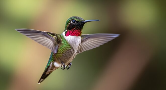 Ruby-Throated Hummingbird in Flight, Tiny Bird with Iridescent Feathers, Nature Wildlife Macro Shot