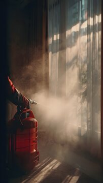 Sanitation worker using red fogging machine indoors, mist flowing toward glass door.