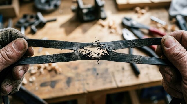 Close-up of torn rubber band in the hands of a worker in a workshop.