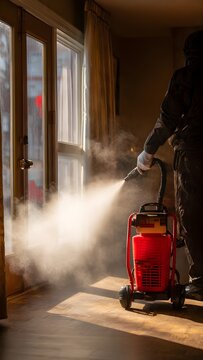 Close‑up of a professional worker in protective gloves operating a red fogging machine to disinfect a room, fog pointing toward a glass door, sunlight through curtains, high resolution