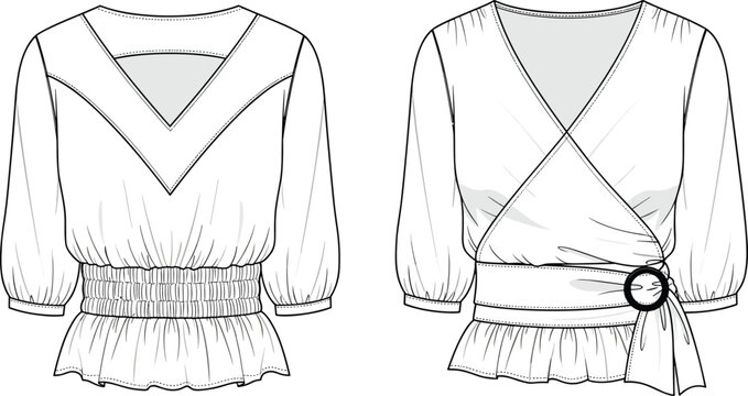Blouse fashion illustration, technical flat sketch, V neckline yoke detail, wrap design with waistband buckle, peplum hem silhouette