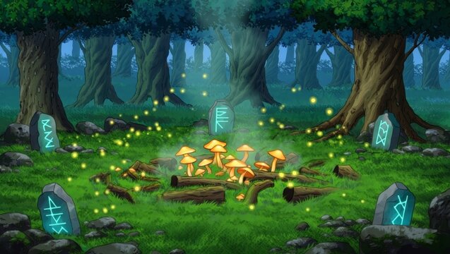 Enchanted Forest Clearing with Glowing Mushrooms and Rune Stones