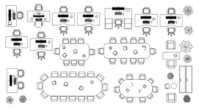 overhead view of office desks with computers and chairs modern workspace layout interior design plan