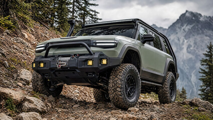 Fototapeta premium EV SUV Climbing Trail on Mountain Side