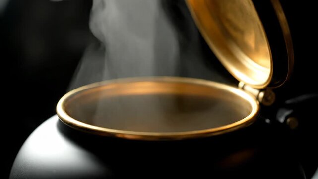 Close-up of Hot Coffee in a Black Mug with Steam Rising.