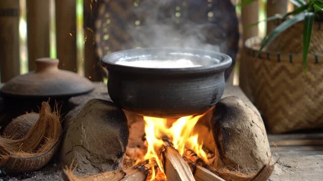 Traditional Clay Pot Simmering Over Open Wood Fire - Rustic Village Cooking Scene
