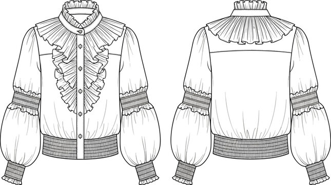 Sleeveless peplum blouse fashion illustration, technical flat sketch, V-neckline button placket, fitted bodice darts, gathered peplum hem, garment silhouette