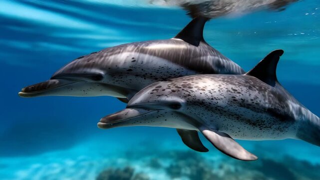 Underwater view of Atlantic spotted dolphin mother and calf swimming in synchronized motion, clear ocean water revealing social bond, marine mammal family dynamics in natural habit