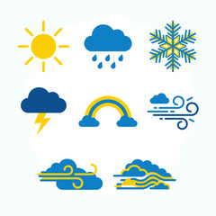 Obraz premium A versatile collection of flat design weather icons and symbols, depicting various atmospheric conditions like sun, rain, snow, clouds, wind, and rainbows, for digital forecasts, apps