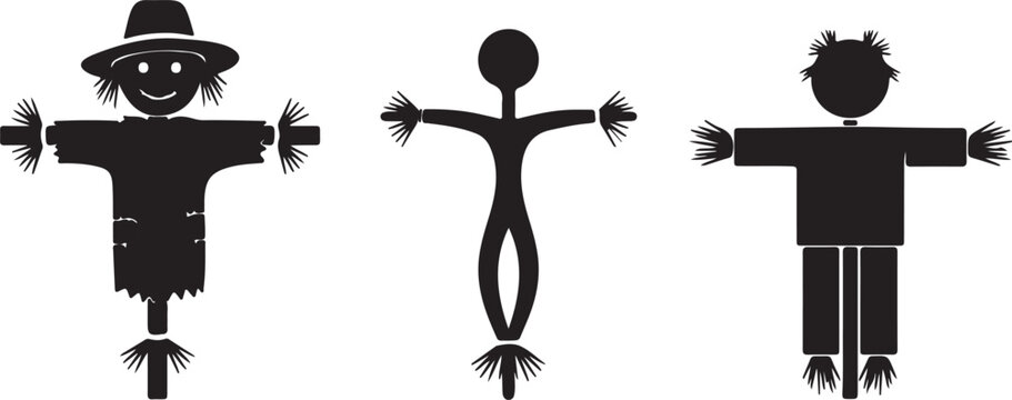 A collection of three distinct black silhouette illustrations depicting traditional scarecrow figures, each with unique stylization, designed to protect agricultural crops in fields