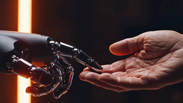 Robotic finger making contact with a human palm, showing future connection between artificial intelligence and mankind, motion footage.